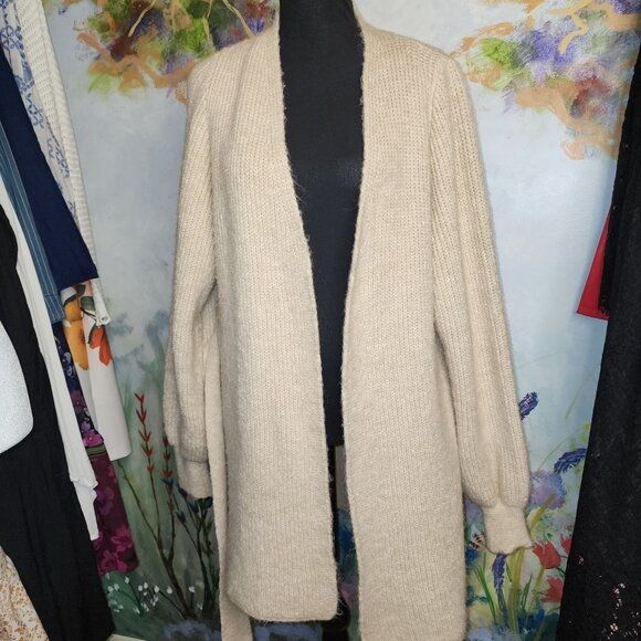 Wool Knit Beige Long Cardigan Sweater With Tie Belt - Picture 7 of 11